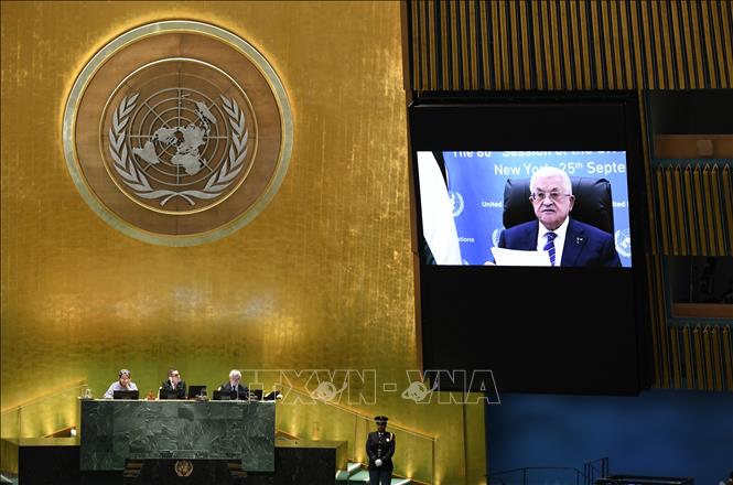 Tổng thống Palestine Mahmoud Abbas phát biểu qua video tại Khóa họp 80 của Đại hội đồng LHQ ở New York (Mỹ) ngày 25/9/2025. Ảnh: THX/TTXVN