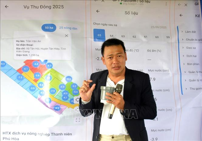 Đại diện công ty TNHH LUAGPT giới thiệu hệ thống thiết bị AWD thông minh giúp tiết kiệm nước, giảm phát thải khí nhà kính. Ảnh: Văn Sĩ - TTXVN