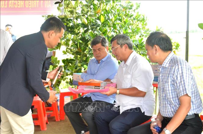 Đại diện công ty TNHH LUAGPT giới thiệu hệ thống thiết bị AWD thông minh giúp tiết kiệm nước, giảm phát thải khí nhà kính với Thứ trưởng Bộ NN&MT Trần Thanh Nam. Ảnh: Văn Sĩ - TTXVN