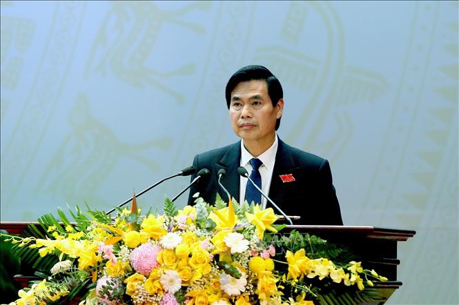 Bí thư Tỉnh ủy Sơn La khóa XV Hoàng Quốc Khánh phát biểu. Ảnh: Quang Quyết - TTXVN