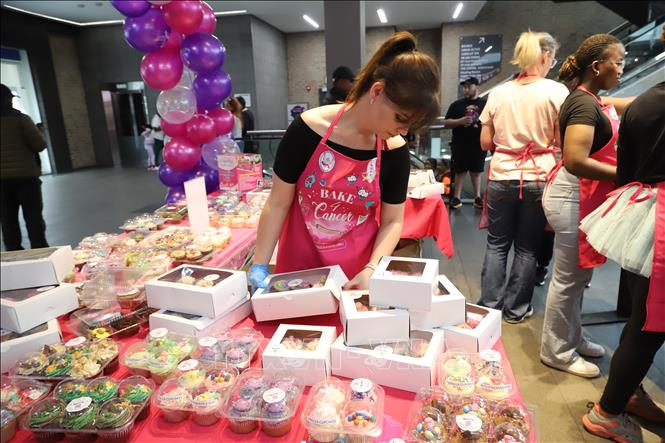 Một tình nguyện viên chăm chút những chiếc bánh cupcake được quyên góp để gây quỹ cho bệnh nhi ung thư. Ảnh: Hồng Minh - Pv TTXVN tại Nam Phi