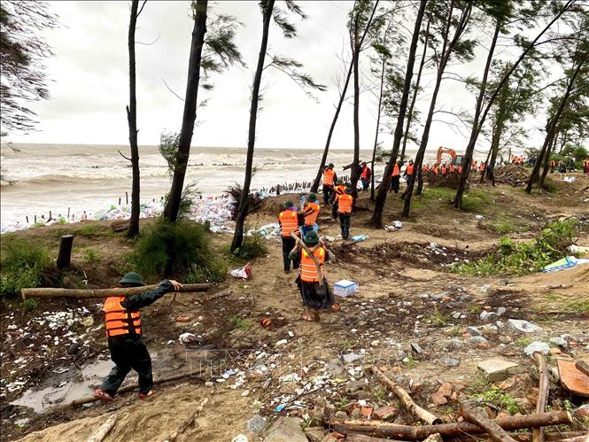 Lực lượng vũ trang vận chuyển cọc gỗ để gia cố tuyến đê Hội Thống (xã Đan Hải). Ảnh: Hữu Quyết - TTXVN