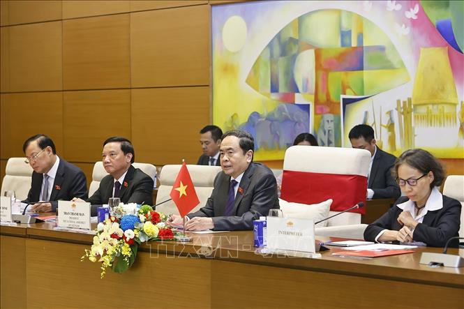 Chủ tịch Quốc hội Trần Thanh Mẫn và đoàn Việt Nam tại cuộc hội đàm với Chủ tịch Duma Quốc gia Quốc hội Liên bang Nga Vyacheslav Volodin. Ảnh: Doãn Tấn - TTXVN