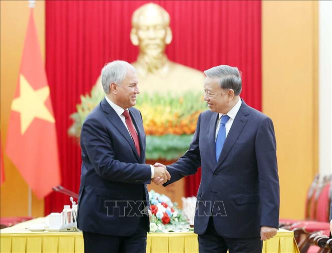 Tổng Bí thư Tô Lâm tiếp Chủ tịch Duma Quốc gia Nga Vyacheslav Volodin. Ảnh: Thống Nhất – TTXVN