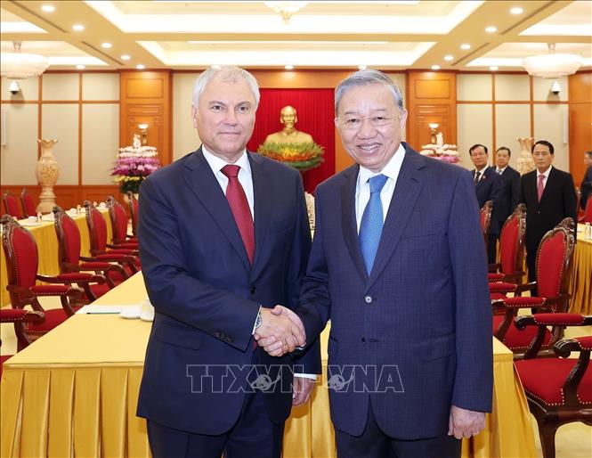 Tổng Bí thư Tô Lâm tiếp Chủ tịch Duma Quốc gia Nga Vyacheslav Volodin. Ảnh: Thống Nhất – TTXVN