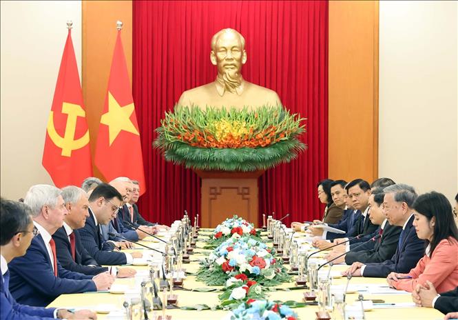 Tổng Bí thư Tô Lâm tiếp Chủ tịch Duma Quốc gia Nga Vyacheslav Volodin. Ảnh: Thống Nhất – TTXVN