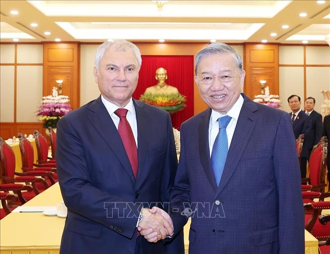 Tổng Bí thư Tô Lâm tiếp Chủ tịch Duma Quốc gia Nga Vyacheslav Volodin. Ảnh: Thống Nhất – TTXVN