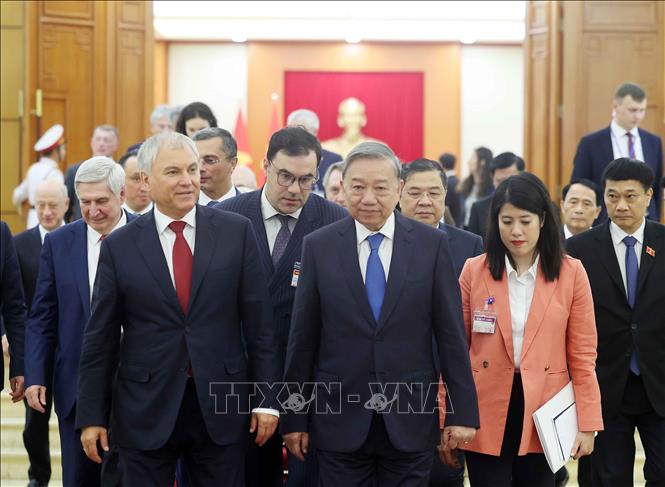 Tổng Bí thư Tô Lâm tiếp Chủ tịch Duma Quốc gia Nga Vyacheslav Volodin. Ảnh: Thống Nhất – TTXVN