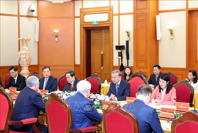 Tổng Bí thư Tô Lâm tiếp Chủ tịch Duma Quốc gia Nga Vyacheslav Volodin. Ảnh: Thống Nhất – TTXVN
