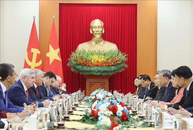 Tổng Bí thư Tô Lâm tiếp Chủ tịch Duma Quốc gia Nga Vyacheslav Volodin. Ảnh: Thống Nhất – TTXVN