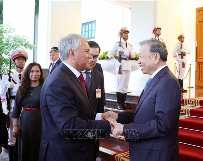 Tổng Bí thư Tô Lâm tiếp Chủ tịch Duma Quốc gia Nga Vyacheslav Volodin. Ảnh: Thống Nhất – TTXVN