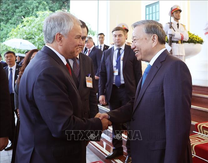 Tổng Bí thư Tô Lâm tiếp Chủ tịch Duma Quốc gia Nga Vyacheslav Volodin. Ảnh: Thống Nhất – TTXVN