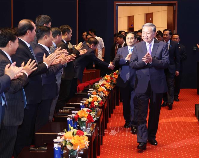 Tổng Bí thư Tô Lâm, Thủ tướng Phạm Minh Chính đến dự buổi lễ. Ảnh: Thống Nhất - TTXVN
