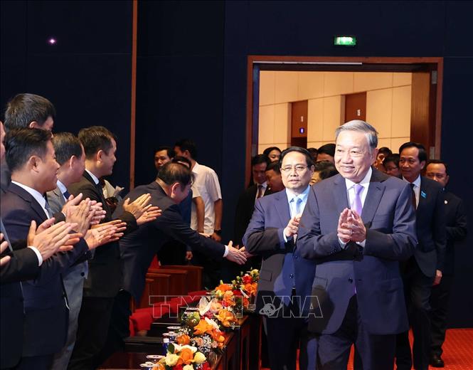 Tổng Bí thư Tô Lâm và Thủ tướng Phạm Minh Chính đến dự buổi lễ. Ảnh: Thống Nhất - TTXVN
