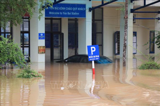 Nhiều ô tô bị ngập sâu trong nước. Ảnh: Tuấn Anh - TTXVN