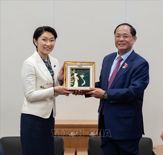 Phó Chủ tịch Quốc hội Trần Quang Phương trao quà lưu niệm cho  Chủ tịch Liên minh nghị sĩ hữu nghị Nhật - Việt (LMNSHN) Obuchi Yuko. Ảnh: Xuân Giao - Pv TTXVN tại Nhật Bản