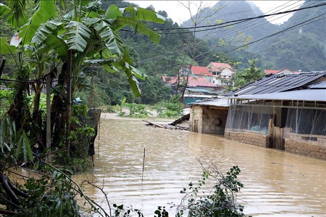 Xóm Lùm Thúm, thôn Đoàn Kết, xã Tân Đoàn, tỉnh Lạng Sơn có khoảng 50 hộ dân với khoảng gần 200 nhân khẩu; trong đó nhiều hộ bị nước ngập vào nhà, đường vào xóm bị ngập. Ảnh: Văn Đạt - TTXVN