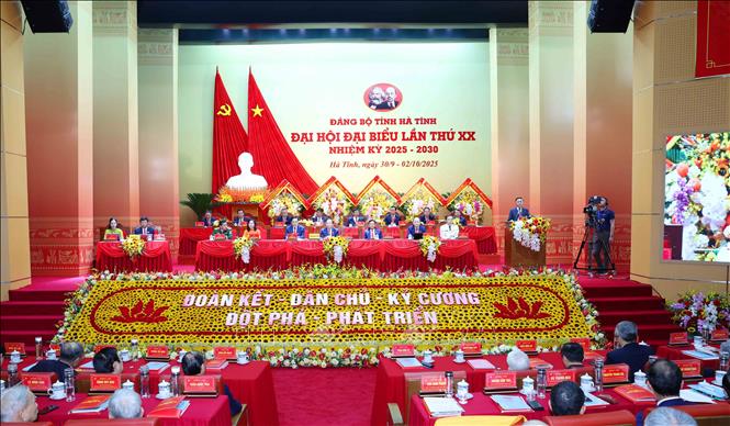 Đại hội đại biểu Đảng bộ tỉnh Hà Tĩnh lần thứ 20, nhiệm kỳ 2025 - 2030. Ảnh: Phương Hoa - TTXVN