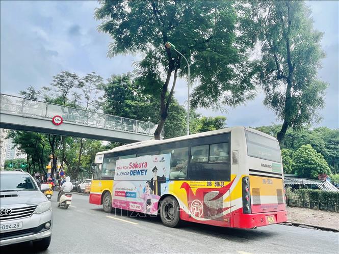 Xe buýt lưu thông bình thường, giao thông trong khu đô thị Linh Đàm thông thoáng sau mưa lớn. Ảnh: Tuyết Mai - TTXVN
