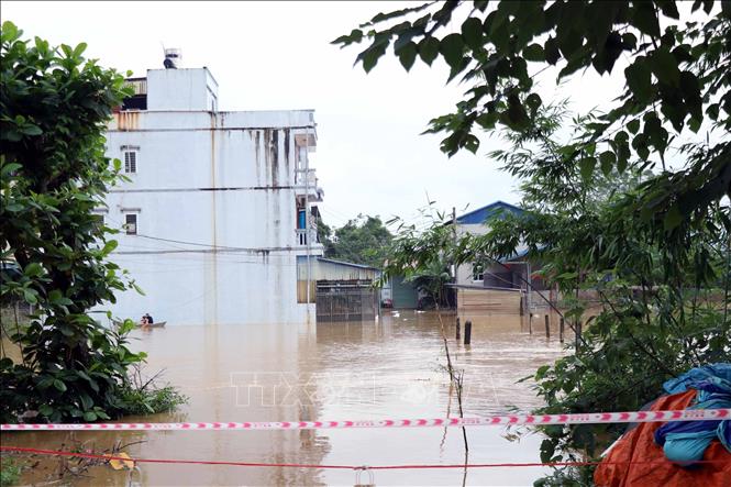 Khu dân cư phía trong đê bối bị ngập hoàn toàn. Ảnh: Trần Trang-TTXVN 