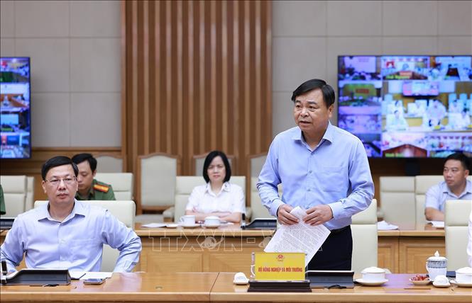 Thứ trưởng Bộ Nông nghiệp và Môi trường Nguyễn Hoàng Hiệp báo cáo thiệt hại do bão số 10. Ảnh: Dương Giang-TTXVN  
