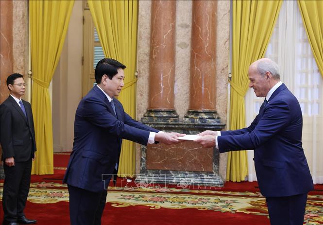 Chủ tịch nước Lương Cường tiếp nhận Quốc thư từ Đại sứ Canada tại Việt Nam James Nickel. Ảnh: Lâm Khánh – TTXVN