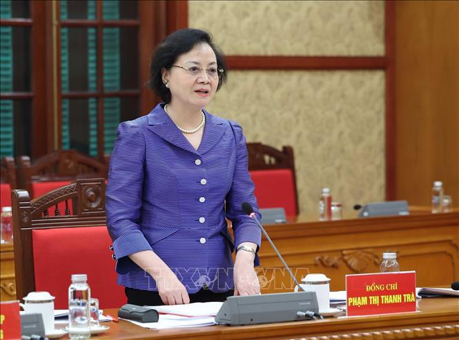 Đồng chí Phạm Thị Thanh Trà Ủy viên Trung ương Đảng, Phó Trưởng Ban Tổ chức Trung ương, Bộ trưởng Bộ Nội vụ phát biểu. Ảnh: Thống Nhất - TTXVN

