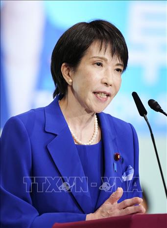 Bà Sanae Takaichi phát biểu trong cuộc bỏ phiếu bầu Chủ tịch đảng LDP cầm quyền Nhật Bản, tại Tokyo, ngày 4/10/2025. Ảnh: Kyodo/TTXVN