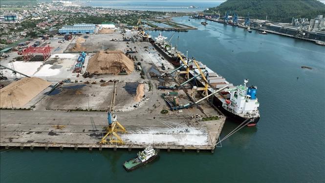 Bốc xếp hàng gỗ dăm xuất khẩu tại cảng quốc tế Nghi Sơn, phường Nghi Sơn, tỉnh Thanh Hóa. Ảnh: Vũ Sinh - TTXVN