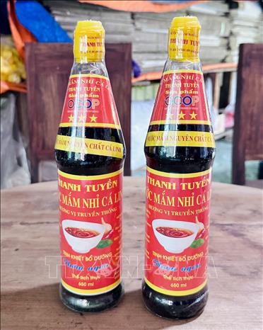 Sản phẩm nước mắm nhỉ cá linh Thanh Tuyền đạt sản phẩm OCOP 3 sao. Ảnh: Thanh Sang - TTXVN