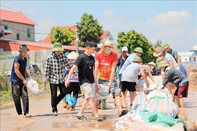 Mưa lớn sau bão số 11 khiến nước sông dâng cao, người dân khẩn trương chèn bao tải cát. Ảnh: Lê Đông - TTXVN