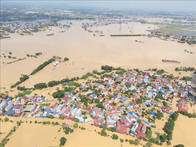 Nhiều hộ dân xã Trung Giã, Hà Nội bị cô lập hoàn toàn do nước lũ. Ảnh: Lê Đông - TTXVN