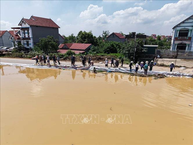 Người dân đang tập trung gia cố đê do nước sông Cầu dâng cao. Ảnh: Hoàng Hiếu - TTXVN