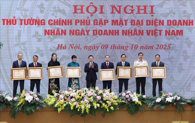 Phó Thủ tướng Hồ Đức Phớc trao Bằng khen của Thủ tướng cho các doanh nghiệp có thành tích xuất sắc. Ảnh: Dương Giang-TTXVN 
