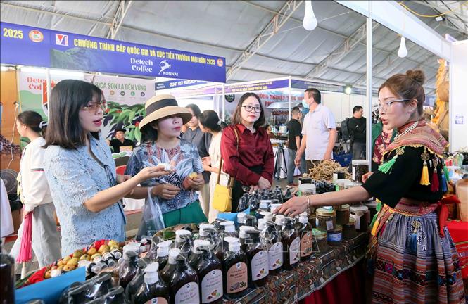 Du khách tìm hiểu các ản phẩm OCOP và nông sản đặc trưng. Ảnh: Quang Quyết - TTXVN