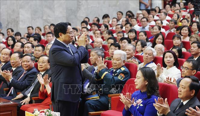 Thủ tướng Phạm Minh Chính dự Đại hội Thi đua yêu nước thành phố Hà Nội. Ảnh: Dương Giang-TTXVN
