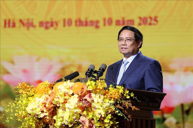 Thủ tướng Phạm Minh Chính phát biểu chỉ đạo Đại hội Thi đua yêu nước thành phố Hà Nội. Ảnh: Dương Giang-TTXVN
