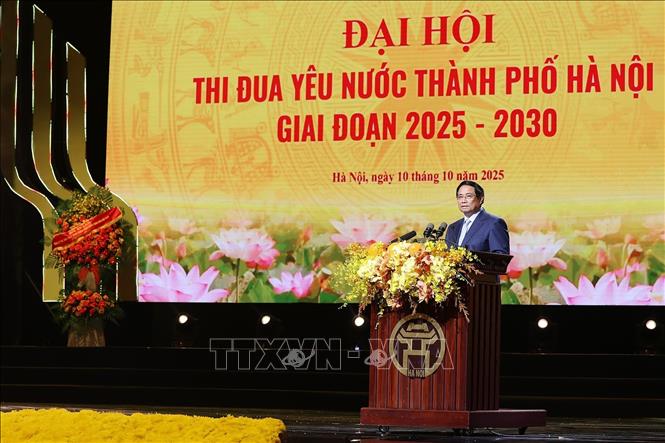 Thủ tướng Phạm Minh Chính phát biểu chỉ đạo Đại hội Thi đua yêu nước thành phố Hà Nội. Ảnh: Dương Giang-TTXVN
