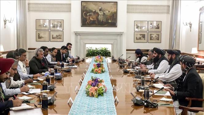 Ngoại trưởng Ấn Độ S. Jaishankar và Ngoại trưởng chính quyền Taliban - ông Amir Khan Muttaqi tại cuộc gặp ở New Delhi ngày 10/10/2025. Ảnh: ANI/TTXVN