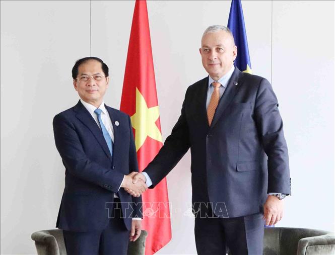 Phó Thủ tướng Bùi Thanh Sơn gặp Cao ủy châu Âu phụ trách Đối tác quốc tế, Jozef Sikela. Ảnh: Hương Giang - PV TTXVN tại Bỉ