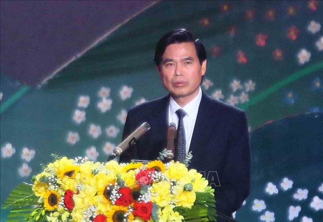 Bí thư Tỉnh ủy Sơn La Hoàng Quốc Khánh đọc diễn văn Kỷ niệm 130 năm Ngày thành lập tỉnh. Ảnh: Quang Quyết - TTXVN