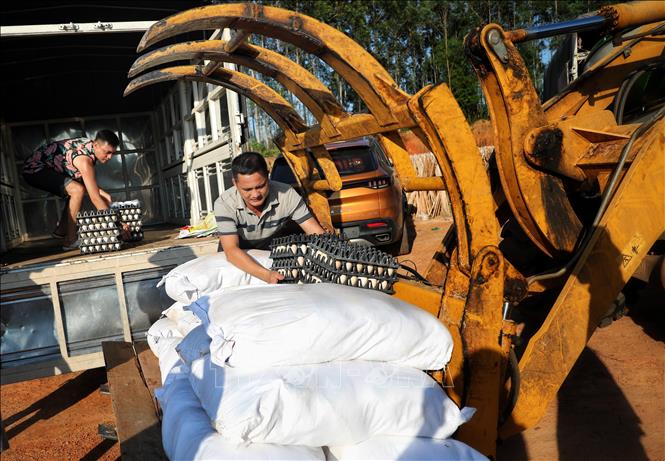 Người dân, doanh nghiệp huy đông các loại phương tiện để hỗ trợ vận chuyển như yếu phẩm đến người dân. Ảnh: Danh Lam -TTXVN 