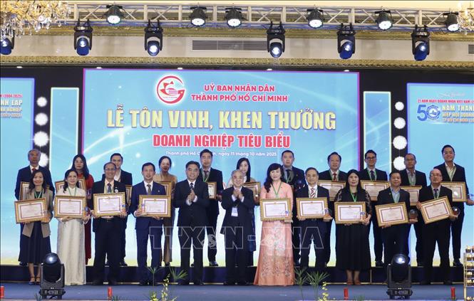 Các doanh nghiệp, doanh nhân được tôn vinh nhân Ngày Doanh nhân Việt Nam. Ảnh: Xuân Anh -TTXVN