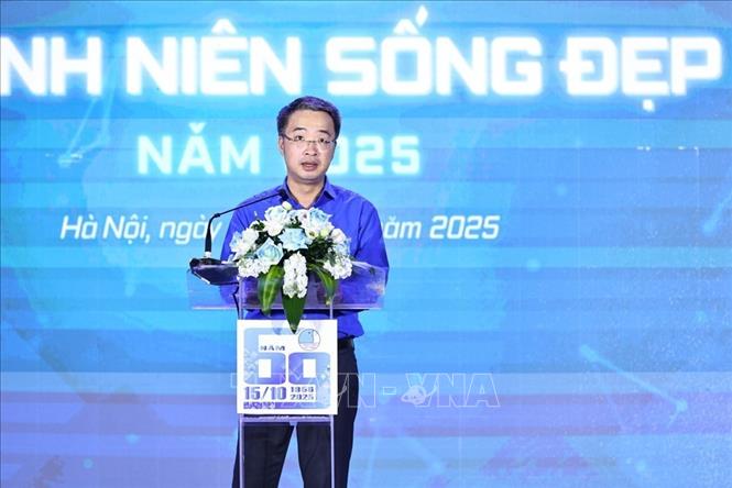 Đồng chí Nguyễn Tường Lâm, Bí thư Trung ương Đoàn, Chủ tịch Trung ương Hội LHTN Việt Nam phát biểu. Ảnh: Minh Đức – TTXVN
