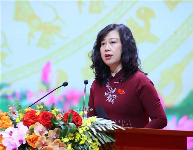 Đồng chí Đào Hồng Lan, Ủy viên Trung ương Đảng, Ủy viên BCH Đảng bộ Chính phủ, Bí thư Đảng uỷ, Bộ trưởng Bộ Y tế trình bày tham luận tại Đại hội. Ảnh: Văn Điệp - TTXVN