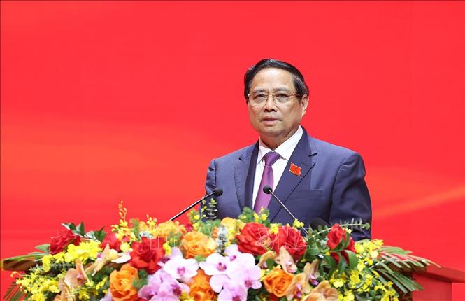 Đồng chí Phạm Minh Chính, Ủy viên Bộ Chính trị, Bí thư Đảng ủy, Thủ tướng Chính phủ phát biểu. Ảnh: Dương Giang - TTXVN