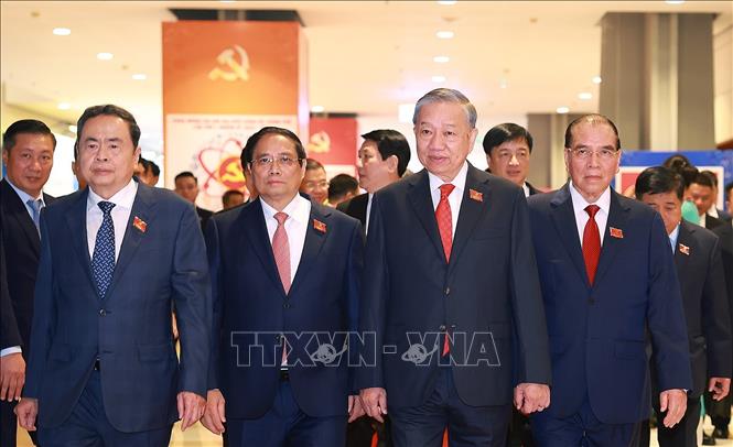 Tổng Bí thư Tô Lâm và các đồng chí Lãnh đạo Đảng, Nhà nước đến dự Đại hội đại biểu Đảng bộ Chính phủ lần thứ nhất, nhiệm kỳ 2025-2030. Ảnh: Dương Giang-TTXVN