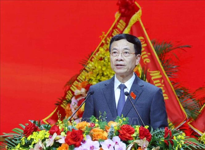 Đồng chí Nguyễn Mạnh Hùng, Ủy viên Trung ương Đảng, Bộ trưởng Bộ Khoa học và Công nghệ trình bày tham luận. Ảnh: Phạm Kiên - TTXVN