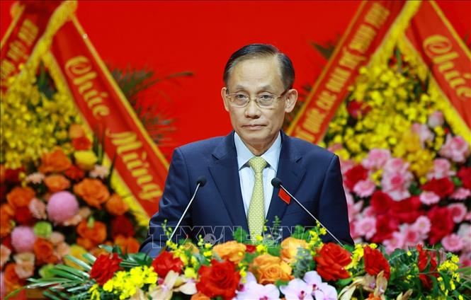 Đồng chí Lê Hoài Trung, Bí thư Trung ương Đảng, Ủy viên Ban Thường vụ Đảng ủy Chính phủ, Bí thư Đảng ủy, Quyền Bộ trưởng Bộ Ngoại giao trình bày tham luận: “Nâng cao năng lực, phát huy vai trò của Đảng ủy Bộ Ngoại giao trong việc lãnh đạo thực hiện thắng lợi nhiệm vụ của của ngành Ngoại giao trong kỷ nguyên vươn mình của dân tộc”. Ảnh: Dương Giang-TTXVN 