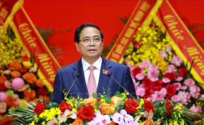 Đồng chí Phạm Minh Chính, Ủy viên Bộ Chính trị, Bí thư Đảng ủy, Thủ tướng Chính phủ phát biểu bế mạc Đại hội. Ảnh: Dương Giang-TTXVN 